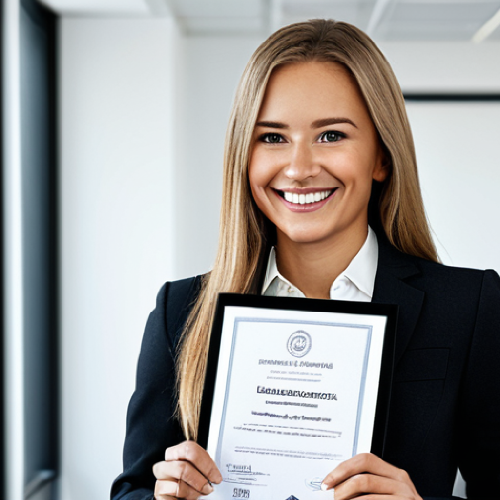 Professional Growth**

"A confident marketing professional, fully clothed in a stylish business outfit, smiling in a modern office environment, appropriate attire, safe for work, perfect anatomy, natural proportions, professional headshot, high quality. She is holding a marketing management certificate."

**