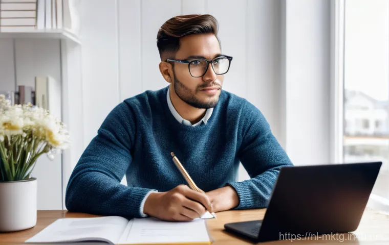마케팅관리사 자격증 취득 후 블로그 운영법 - **Prompt:** A diverse, young adult blogger, wearing smart casual attire like a sweater and jeans, si...