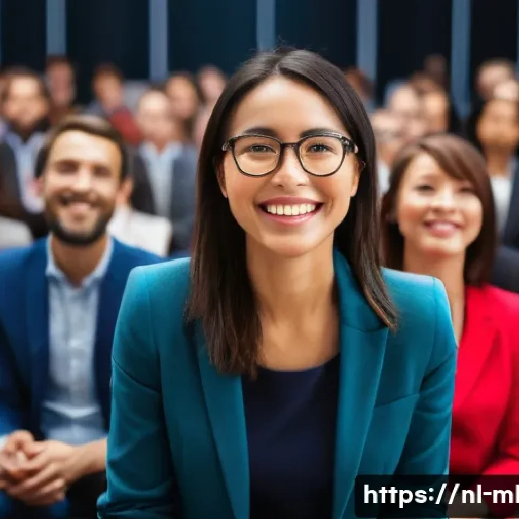 마케팅관리사 실기 시험에서 강조되는 프레젠테이션 스킬 - **Dynamic Presenter Connecting with an Engaged Audience**
"A vibrant, eye-level shot in a modern...
