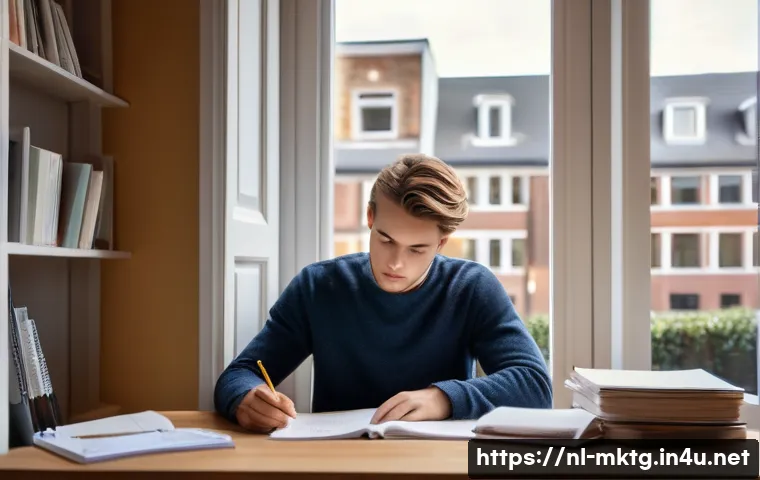 마케팅관리사 실기 시험에서 피해야 할 실수 - A professional Dutch student sitting at a modern study desk in a cozy home office, carefully reading...