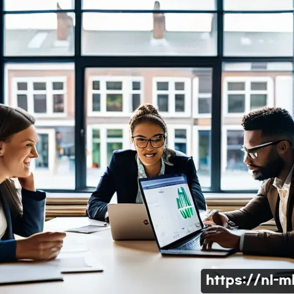 마케팅관리사 자격증과 마케팅 실무 연계 사례 - A diverse group of young marketing professionals collaborating in a modern Amsterdam office, surroun...