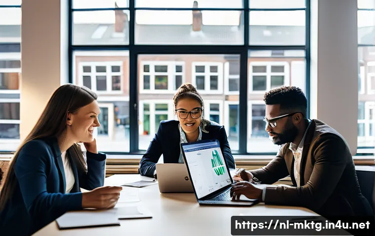 마케팅관리사 자격증과 마케팅 실무 연계 사례 - A diverse group of young marketing professionals collaborating in a modern Amsterdam office, surroun...
