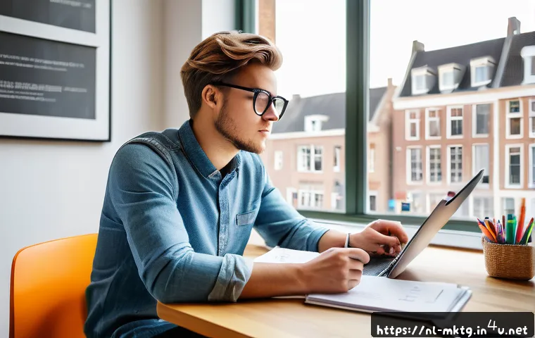 마케팅관리사 시험 대비 시험지 분석법 - A focused Dutch student sitting at a modern study desk in a bright, cozy room filled with marketing ...