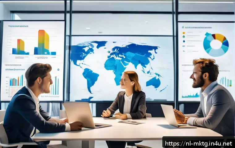 마케팅관리사 자격증 취득 후 해외 진출 가능성 - A professional international marketing team meeting in a modern office setting, featuring diverse ad...