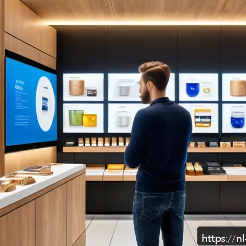 Home 31 마케팅관리사 업무 사례 - A modern Dutch retail store interior showcasing advanced AI recommendation technology in action: a d...