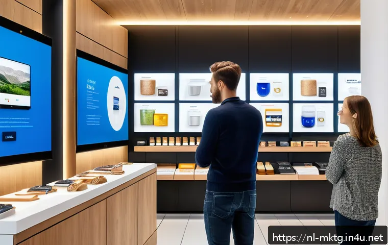 마케팅관리사 업무 사례 - A modern Dutch retail store interior showcasing advanced AI recommendation technology in action: a d...