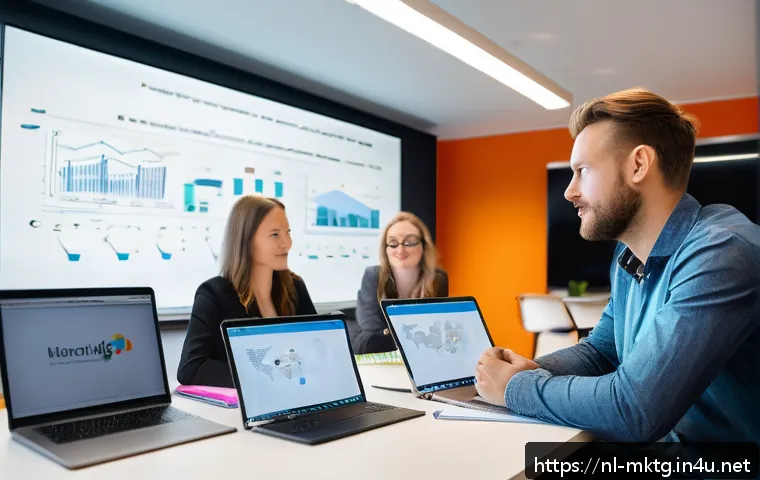 마케팅관리사 취득 후 커리어 멘토링 참여 - A modern professional office setting in Amsterdam, featuring a diverse group of young marketing prof...