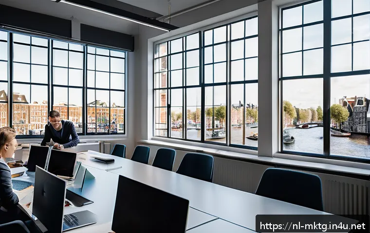 마케팅관리사와 소셜미디어 마케팅 차이점 - A modern Dutch office environment with a diverse marketing team collaboratively planning a long-term...