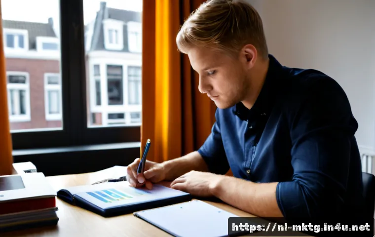 마케팅관리사 필기 공부 순서 - Photorealistic Dutch adult learner studying for a professional marketing management written exam, se...